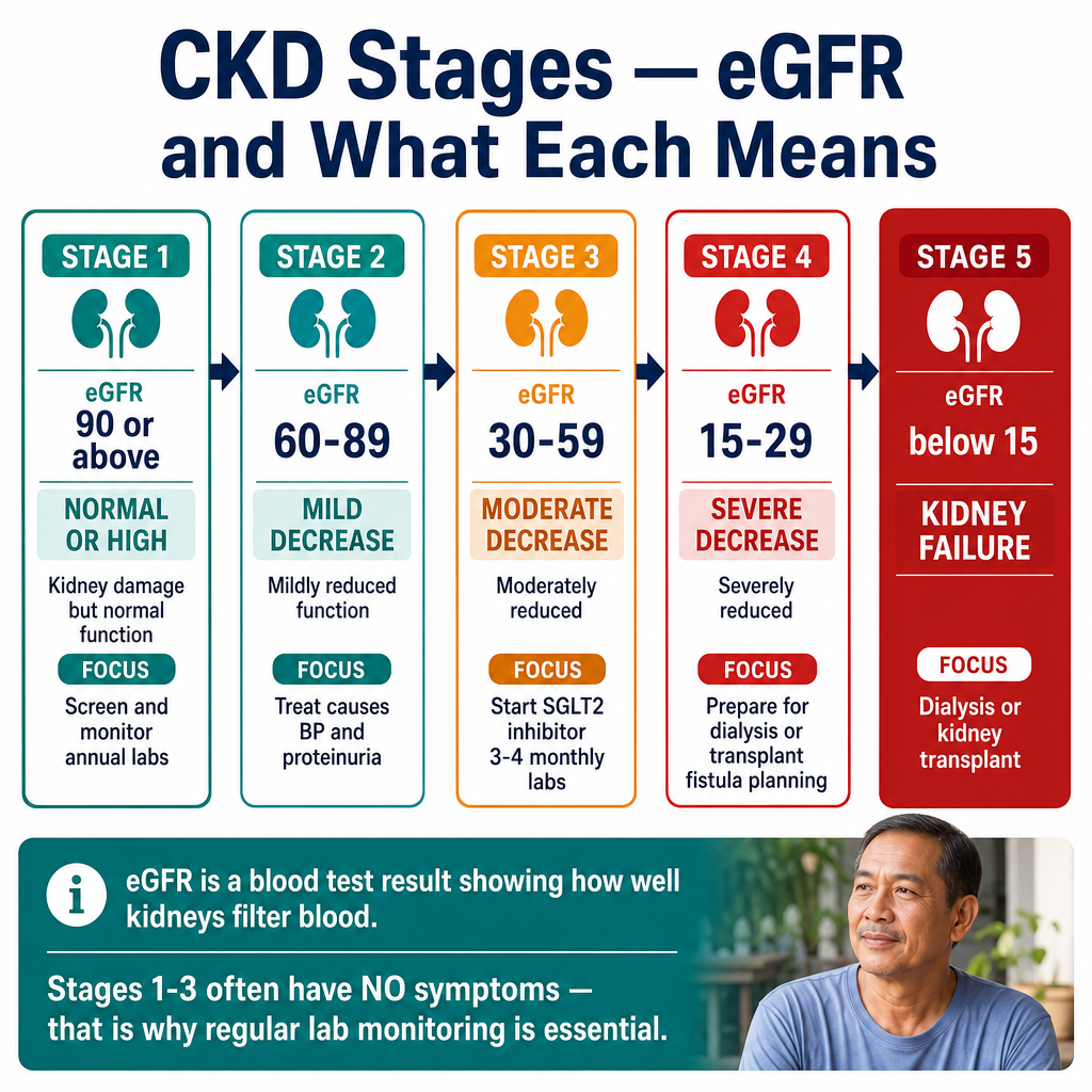 CKD Stages 1–5 — eGFR ranges, what each stage means, and treatment focus at each level