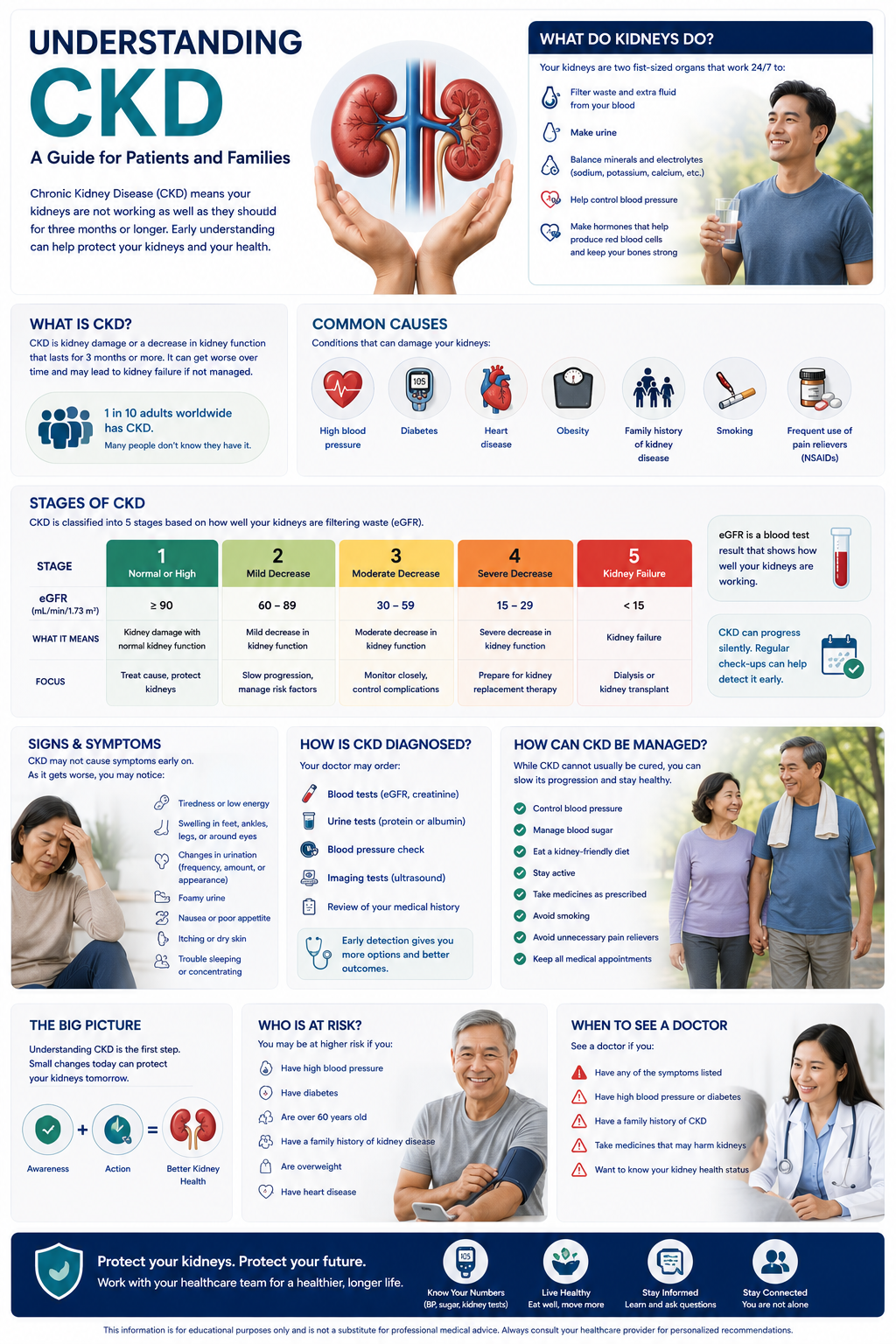 Understanding CKD infographic: what kidneys do, what is CKD, common causes (high BP, diabetes, heart disease, obesity, smoking, NSAIDs), 5 stages by eGFR, signs and symptoms, how CKD is diagnosed, how CKD is managed, who is at risk, and when to see a doctor.