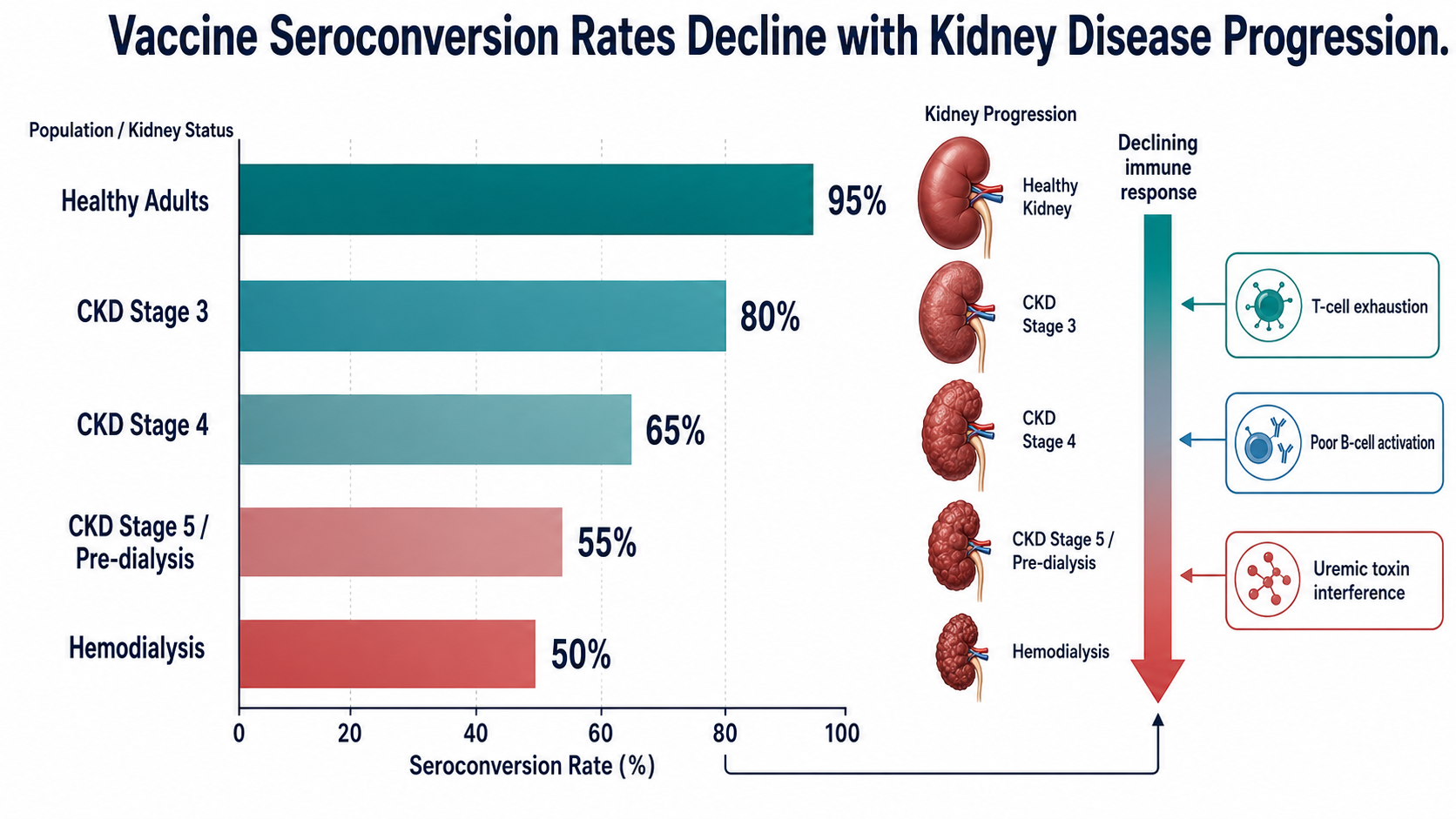 Bar chart showing vaccine seroconversion rates declining from 95% in healthy adults to 50% in hemodialysis patients, with annotations for T-cell exhaustion, poor B-cell activation, and uremic toxin interference