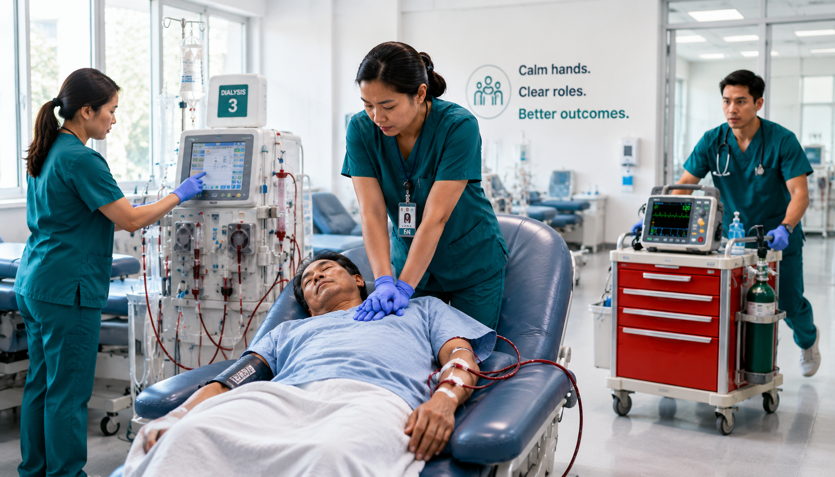 Dialysis unit code blue — a hemodialysis patient slumped in the chair still connected to the dialysis machine while the team begins high-quality chest compressions, one nurse stops ultrafiltration at the machine, and a crash cart with defibrillator is wheeled to the bedside