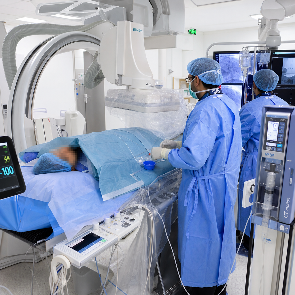 Inside a cardiac catheterization laboratory — patient on procedure table under a C-arm X-ray machine with medical staff and contrast injector equipment visible