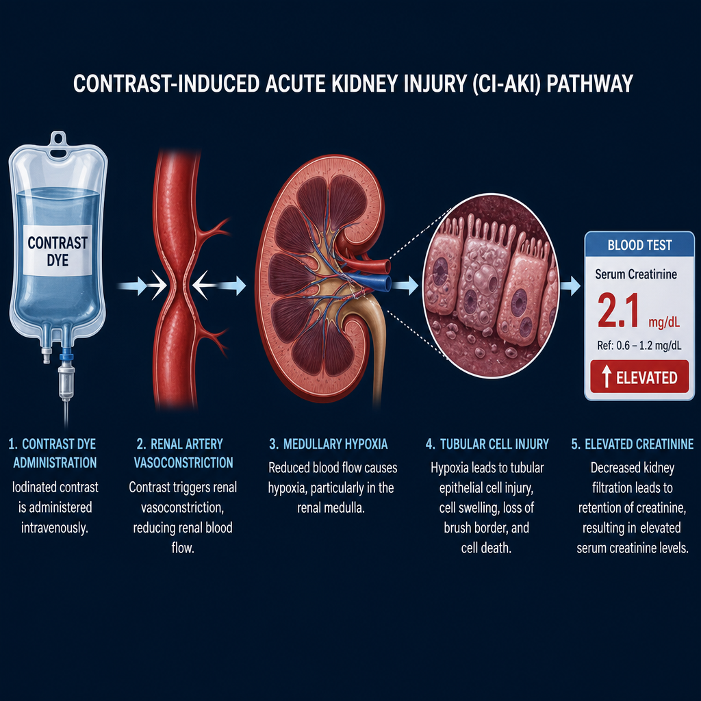 Medical infographic showing how contrast dye damages the kidney — dual pathway: vasoconstriction causing hypoxia and direct tubular toxicity converging to AKI