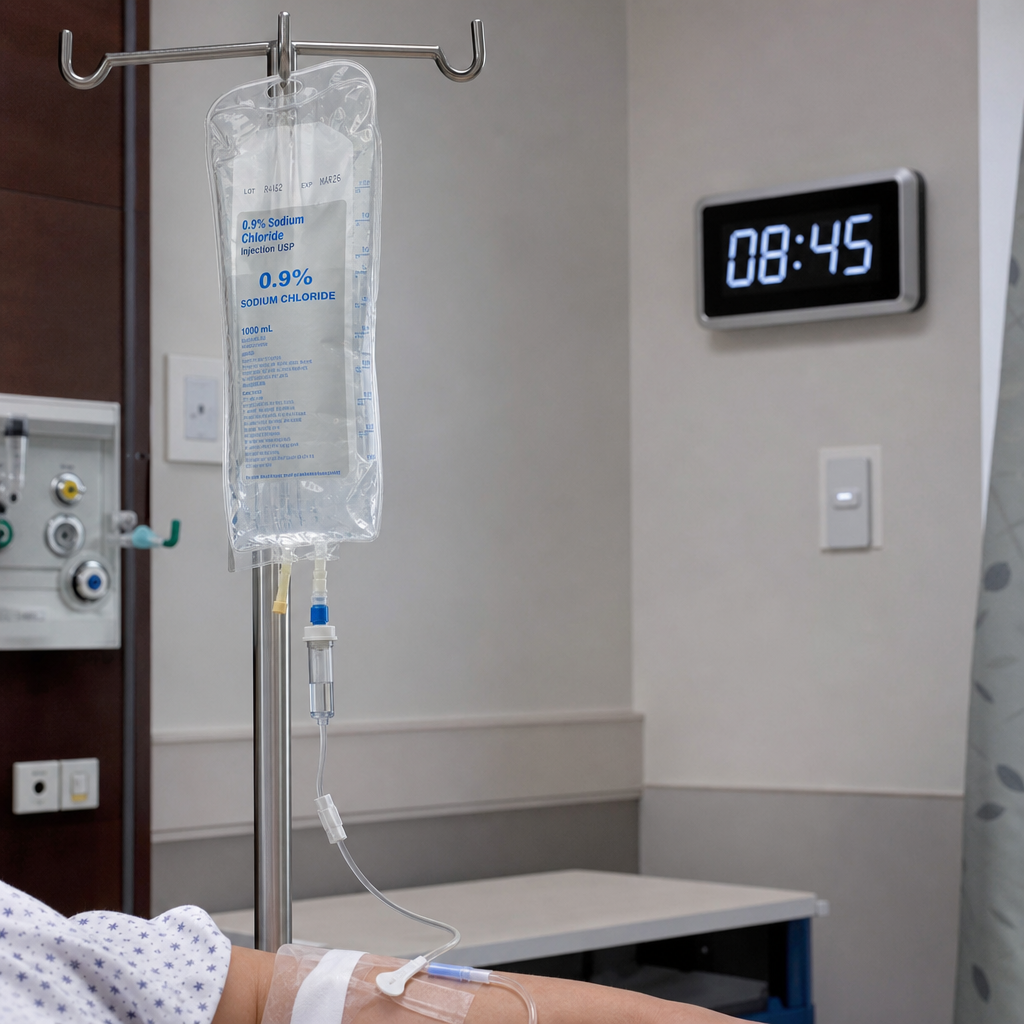 Close-up of a hospital IV saline bag on a stand with tubing connected to a patient's arm — pre-procedure hydration protocol for CIN prevention