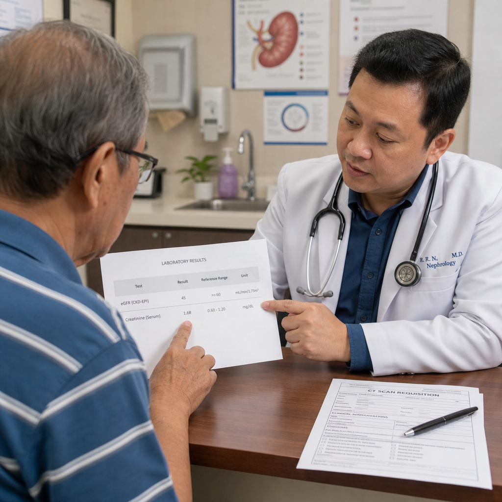 Filipino nephrologist reviewing eGFR and creatinine lab results with a patient in his 60s before a CT scan — risk stratification consultation