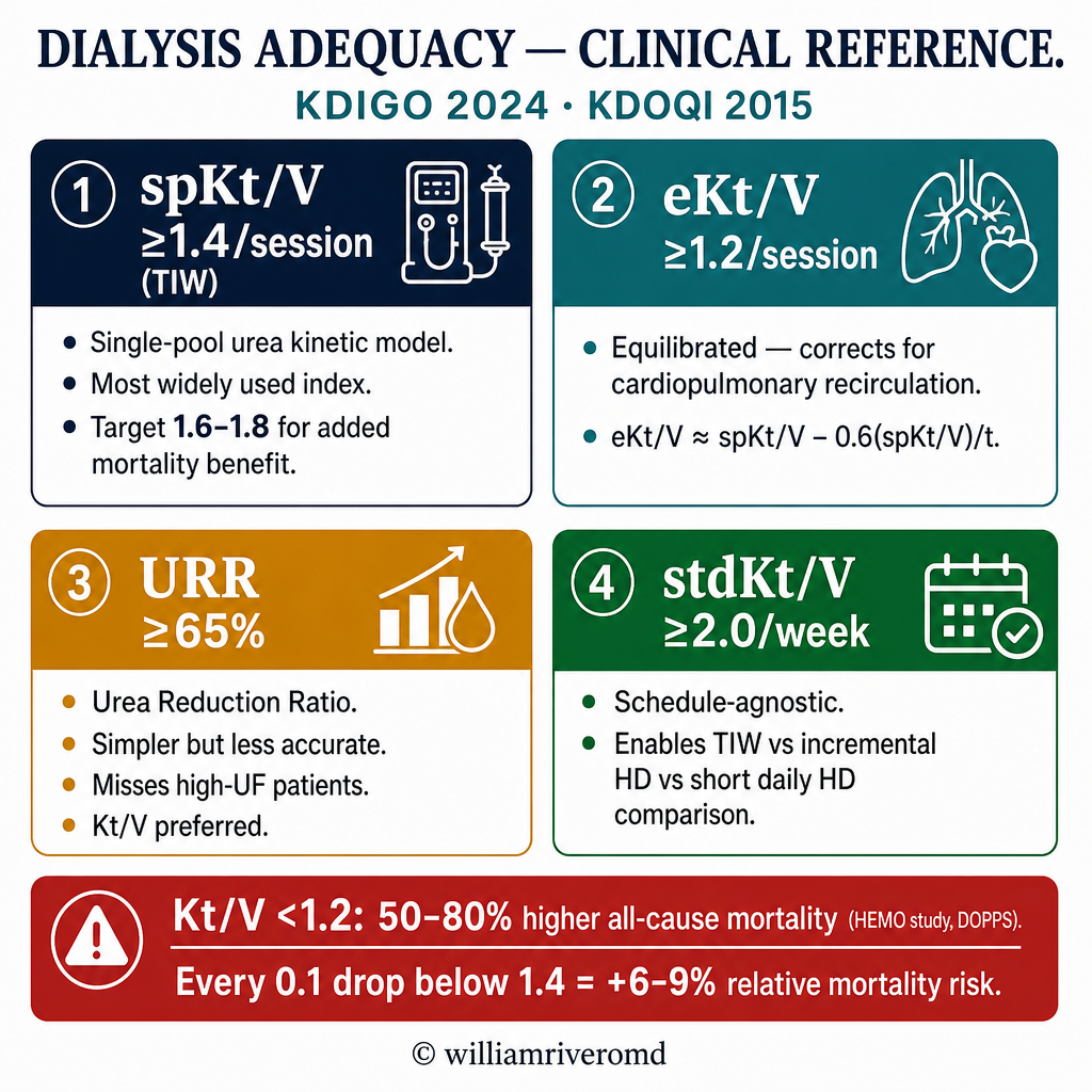 Dialysis adequacy clinical reference KDIGO 2024: spKt/V ≥1.4, eKt/V ≥1.2, URR ≥65%, stdKt/V ≥2.0/week — mortality risk per 0.1 Kt/V drop