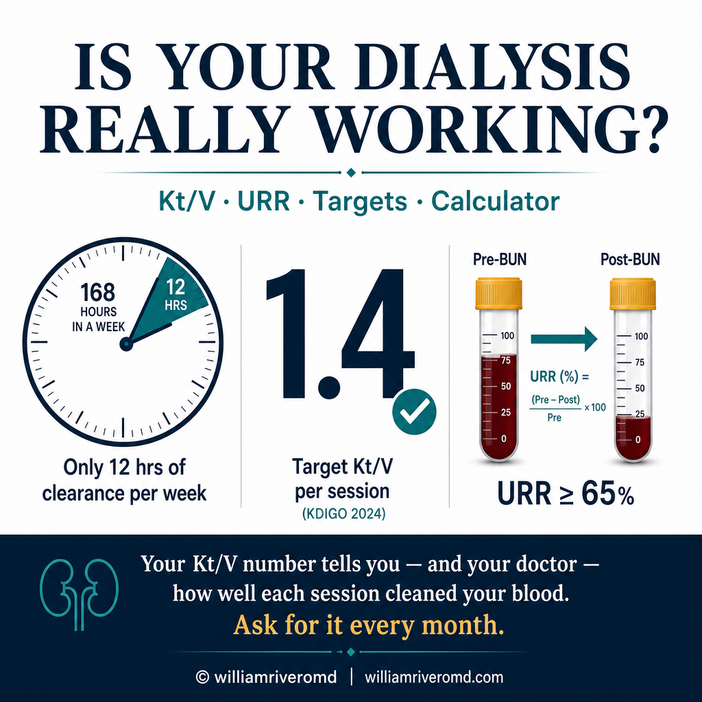 Dialysis Adequacy hero — clock showing 12 of 168 hours, Kt/V target 1.4, pre/post BUN sampling