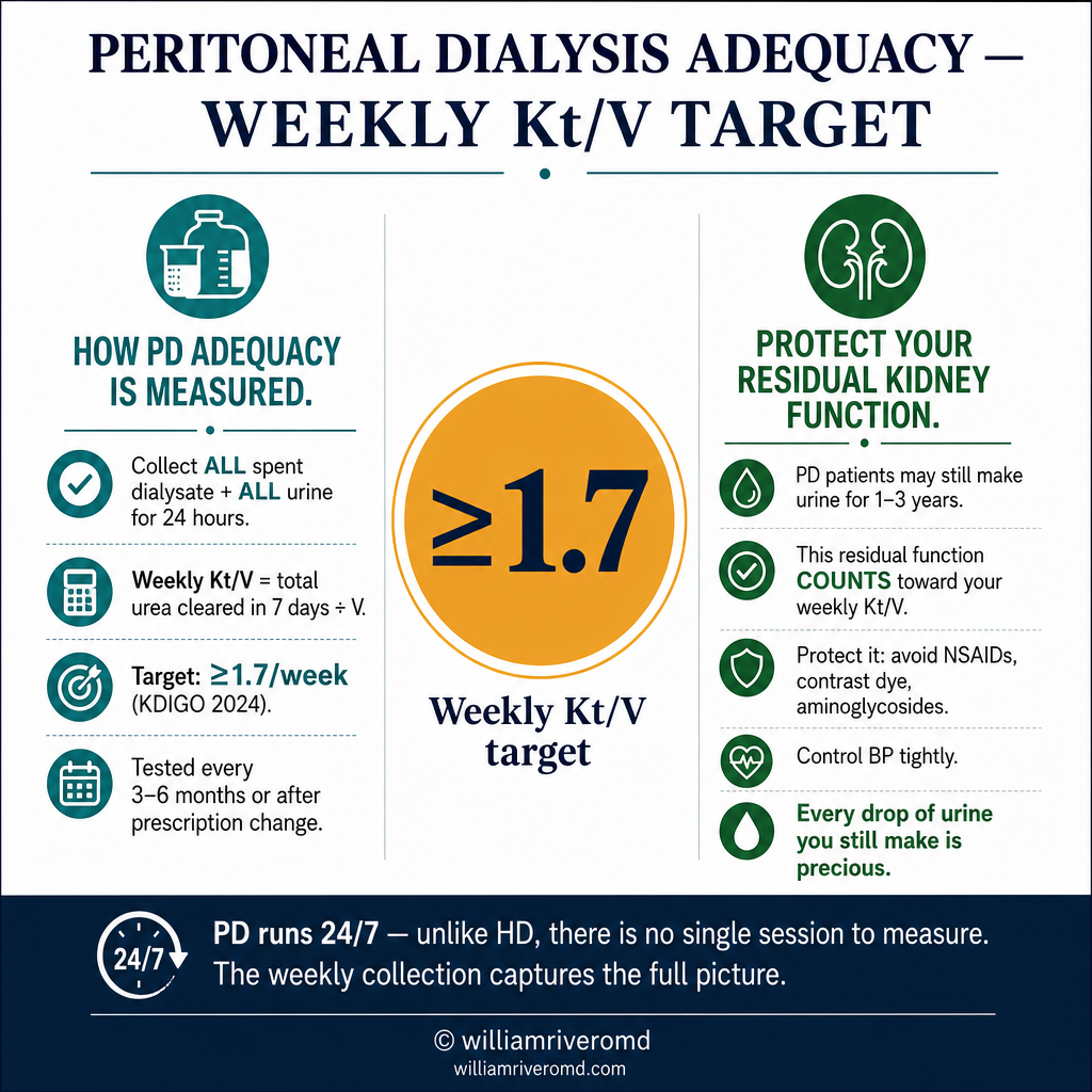 Peritoneal dialysis adequacy: weekly Kt/V ≥1.7 target, 24-hour dialysate and urine collection method, residual renal function protection tips