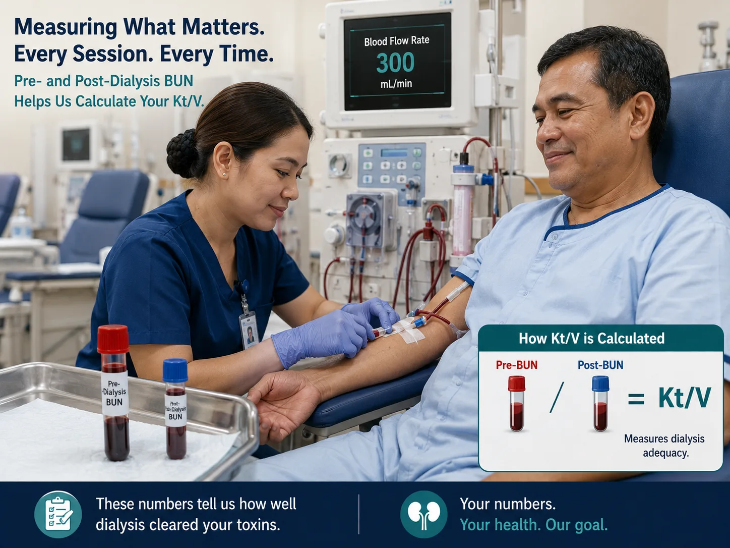 Pre and post-dialysis blood draw technique for Kt/V accuracy