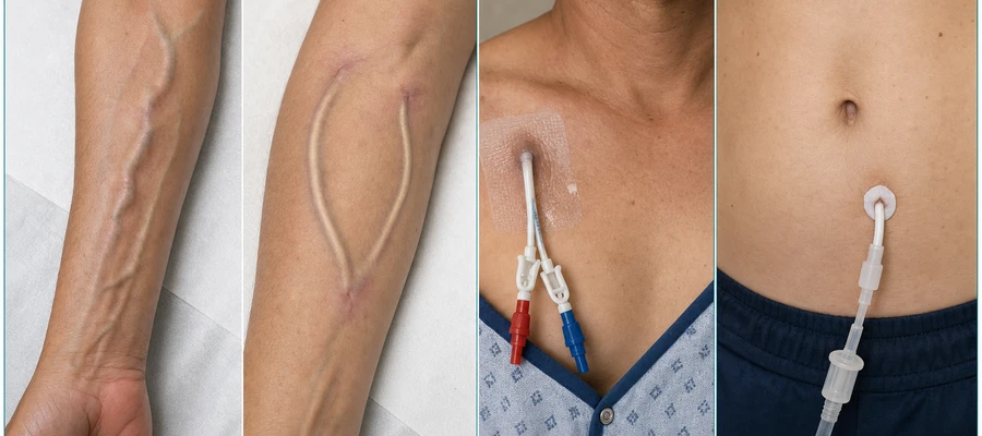 Four types of dialysis access: AV fistula, AV graft, tunneled catheter, and PD catheter