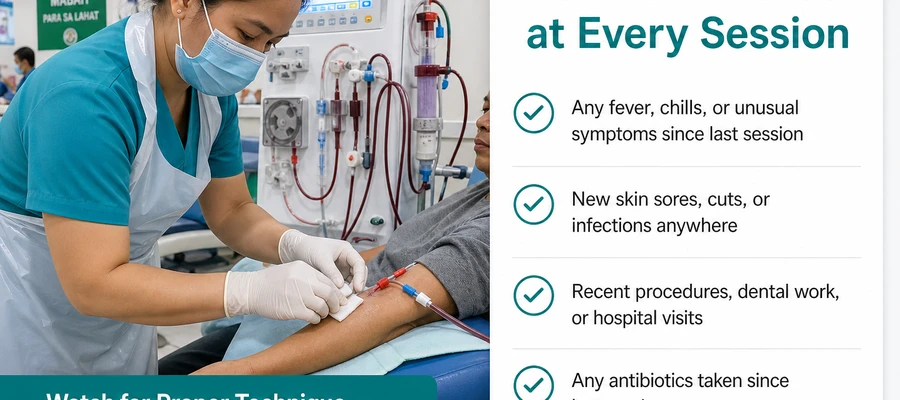At the dialysis center: nurse using proper sterile technique and patient checklist for each session