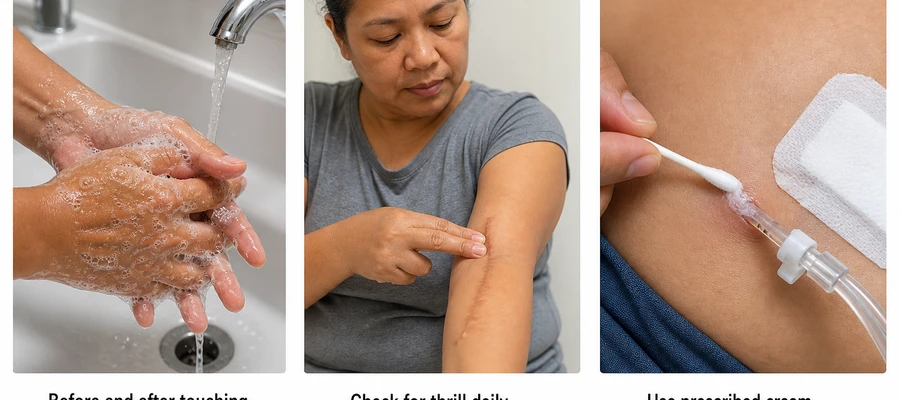 Three-step daily care routine: wash hands, inspect access, clean exit site