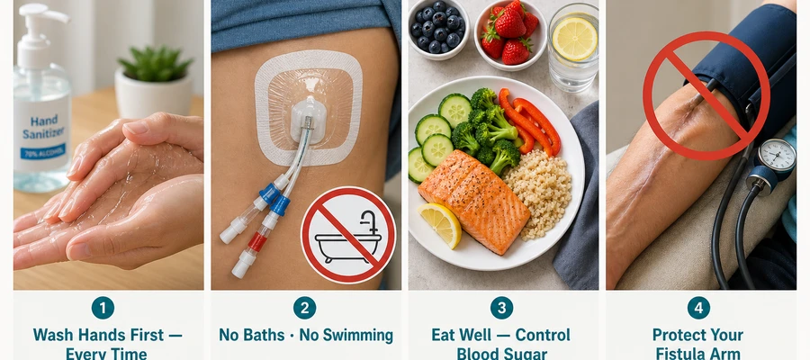 Four prevention pillars: hand hygiene, no swimming, good nutrition, protect access arm