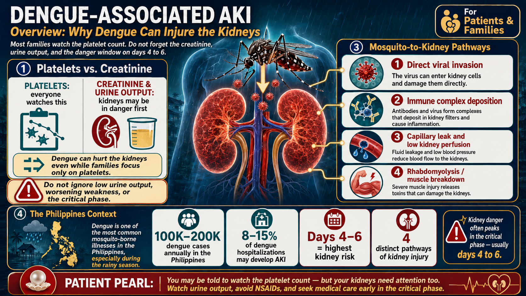 Dengue AKI overview — Philippines endemic regions, mosquito-to-kidney pathophysiology, and the platelet vs. creatinine narrative contrast · williamriveromd.com
