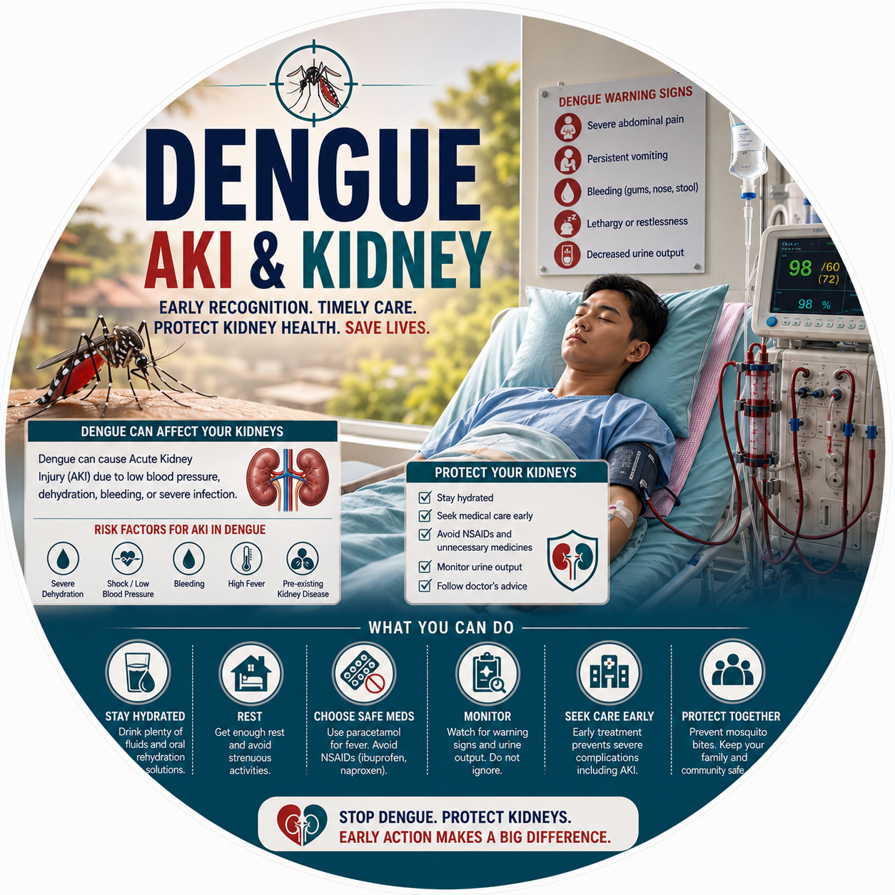 Circular vignette hero illustration for the dengue and acute kidney injury guide.