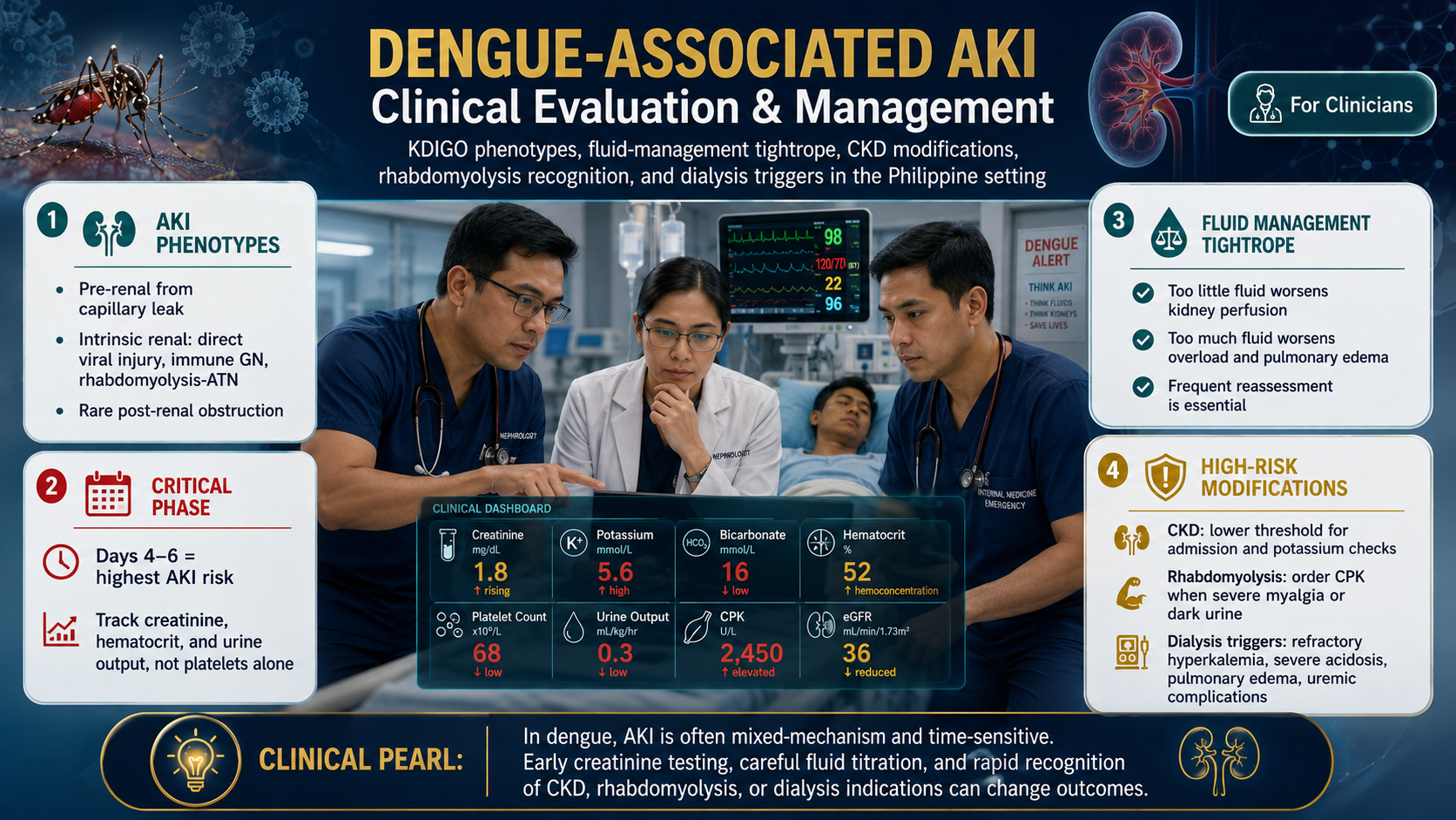 Dengue-Associated AKI — Clinical Evaluation & Management: KDIGO phenotypes, fluid-management tightrope, CKD modifications, rhabdomyolysis recognition, and dialysis triggers in the Philippine setting · williamriveromd.com