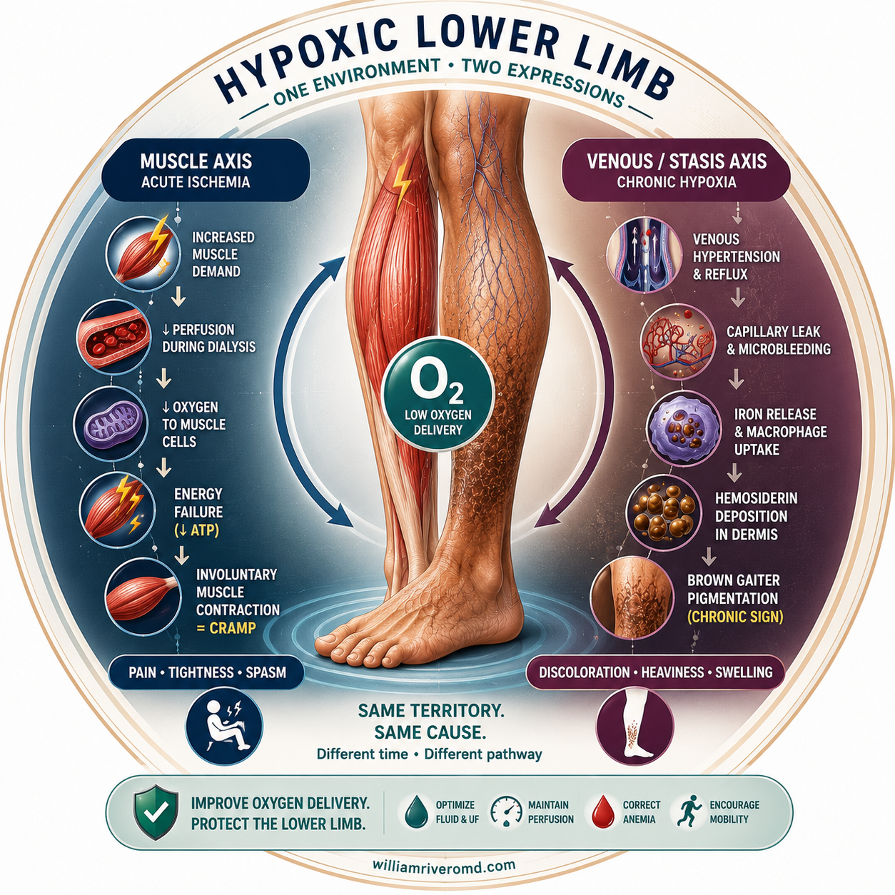 Minimal monoline sigil of the Hypoxic Lower-Limb Spectrum — a single lower leg connected by dotted crosstalk arrows to a dialysis-machine pictogram (acute cramp axis) and a dermal-capillary motif (chronic pigment axis).