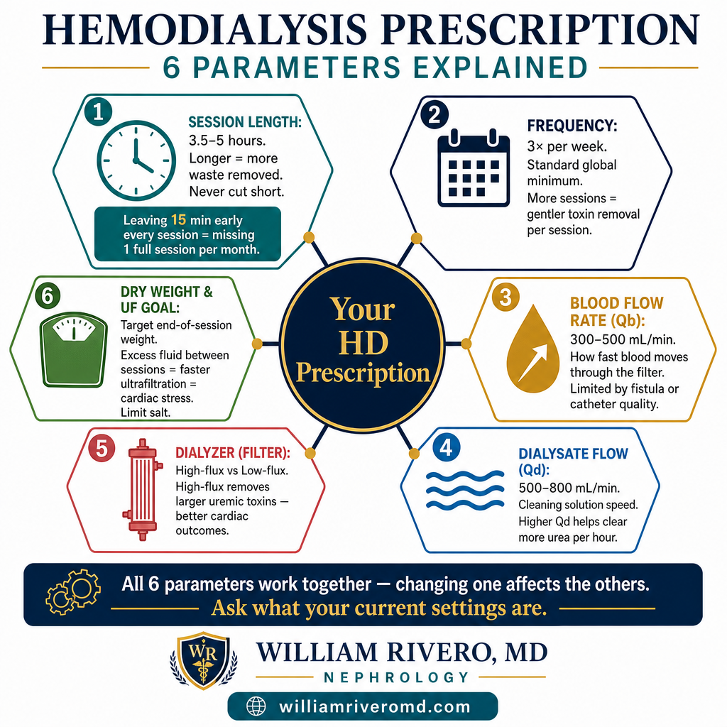 Hemodialysis Prescription Parameters — hexagonal diagram showing session length, frequency, blood flow rate, dialysate flow, dialyzer type, and dry weight goals