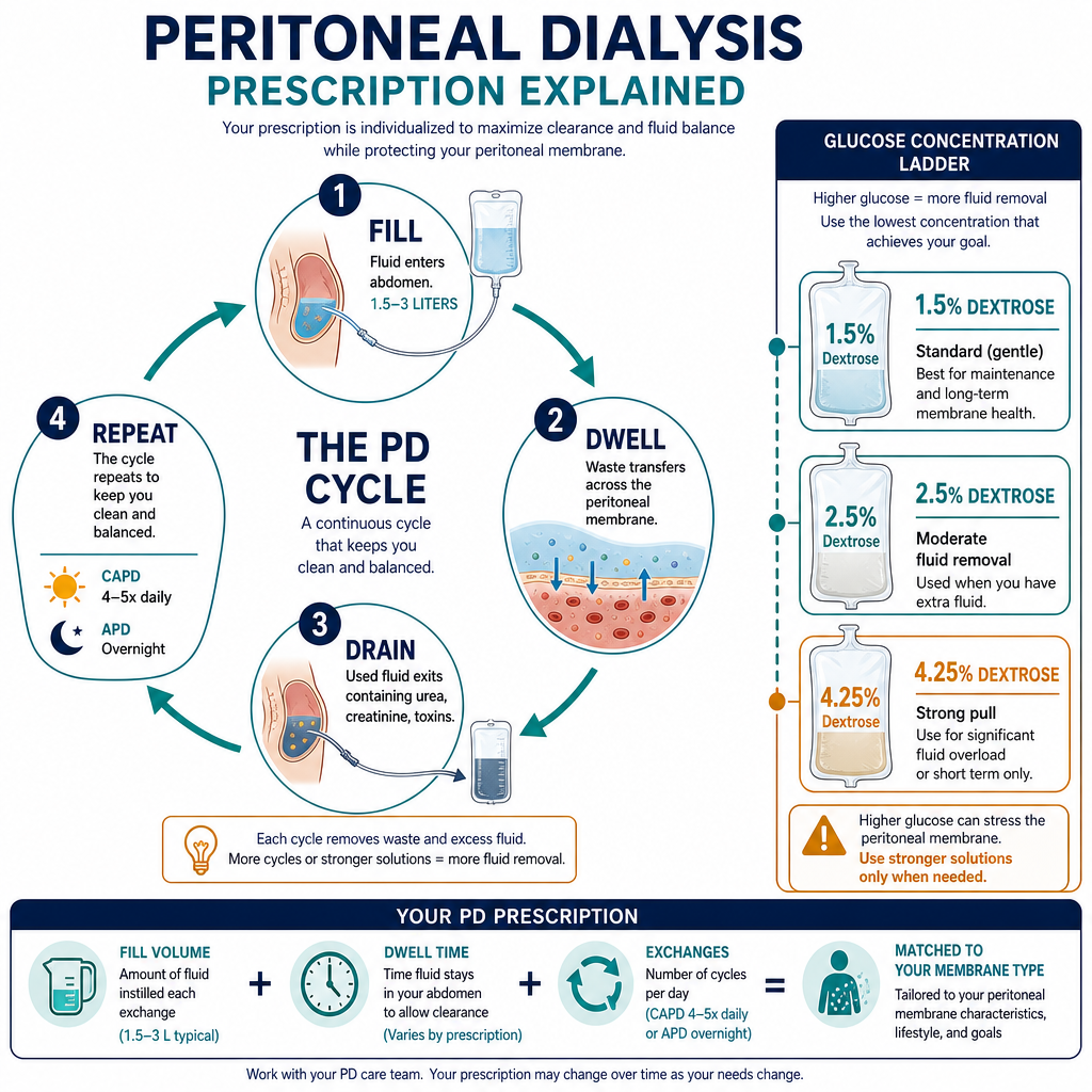 Peritoneal Dialysis Prescription Explained — clockwise fill-dwell-drain-repeat cycle diagram with glucose concentration ladder (1.5%, 2.5%, 4.25%)