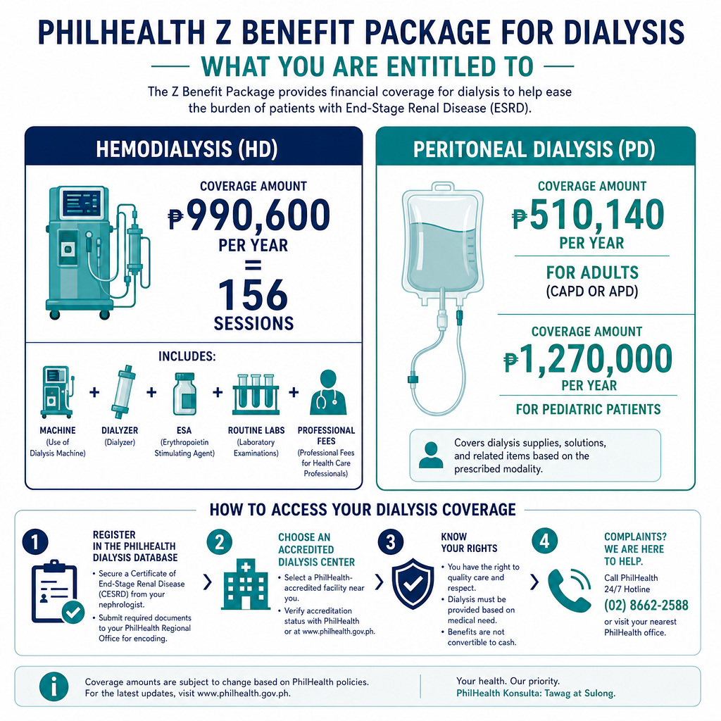 PhilHealth Z Benefit Package for Dialysis — HD ₱990,600/year vs PD ₱510,140/year coverage comparison, what is included, and 4 steps to access your coverage
