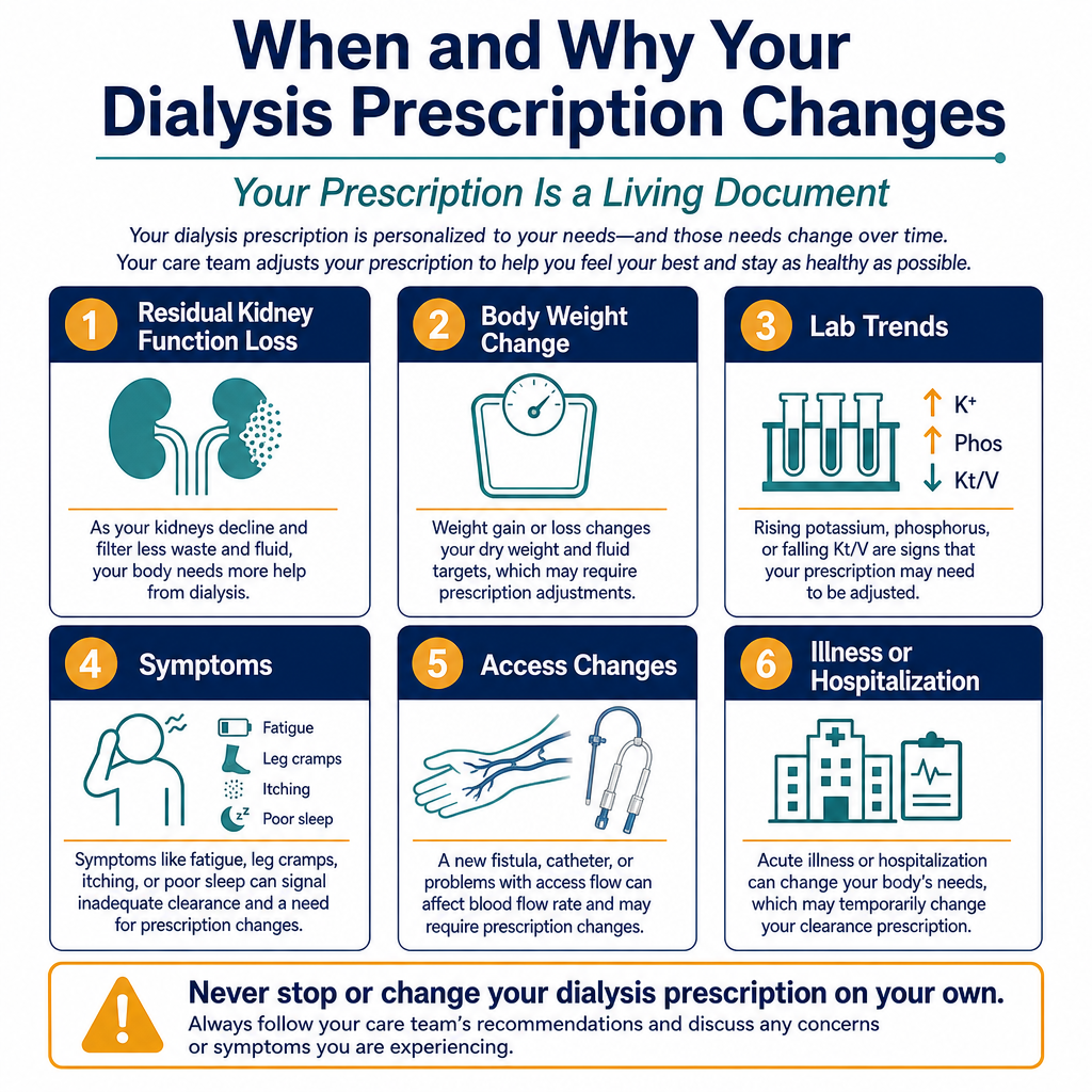 When and Why Your Dialysis Prescription Changes — 6-card grid covering residual kidney function loss, weight change, lab trends, symptoms, access changes, and illness