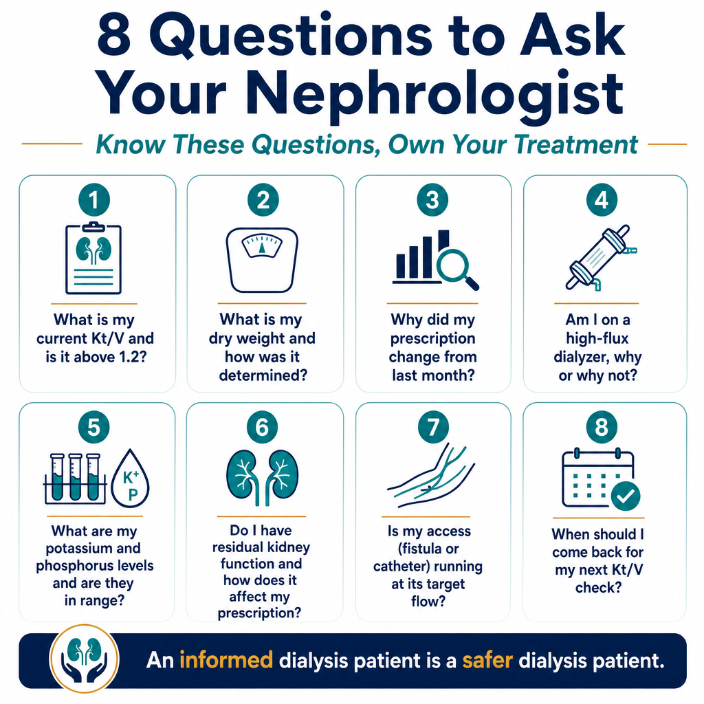 Questions to Ask Your Nephrologist — 8 speech-bubble cards covering Kt/V, dry weight, prescription changes, dialyzer type, lab values, residual kidney function, access flow, and follow-up