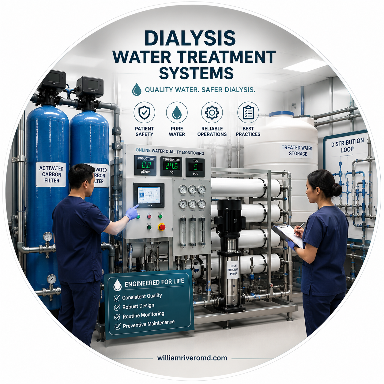 A water-treatment technician checking a reverse-osmosis skid's pressure gauges in a dialysis-unit water treatment room.