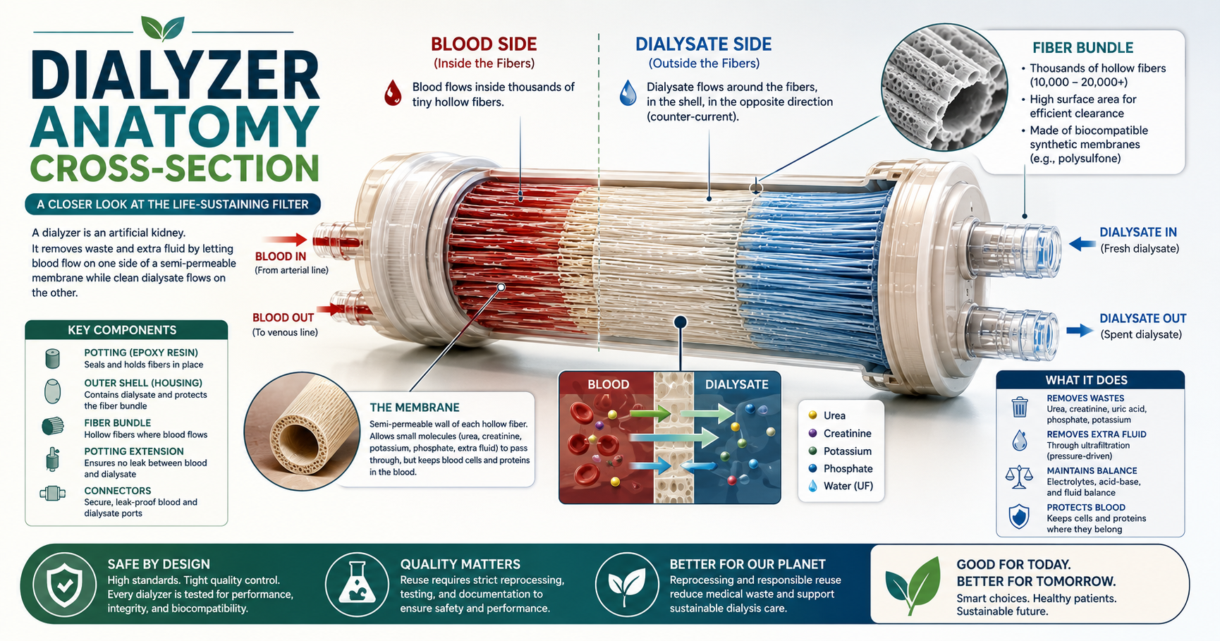 Cross-sectional 3D diagram of a hemodialysis dialyzer showing the bundle of hollow fibers, with a magnified inset of a single fiber illustrating diffusion, ultrafiltration, and convection across the semipermeable membrane.