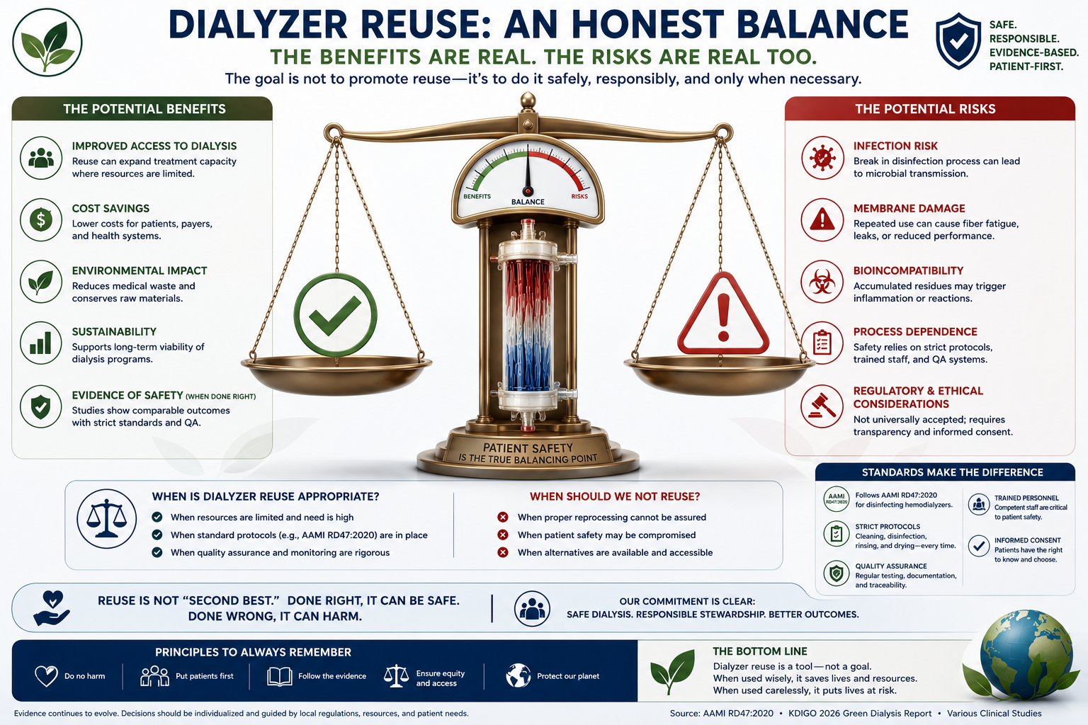 A clean conceptual balance scale weighing the environmental savings of dialyzer reuse (less plastic, less manufacturing carbon) against its own footprint (water for rinsing, electricity for the cycle, chemical germicides) — illustrating why the green case for reuse is real but conditional.