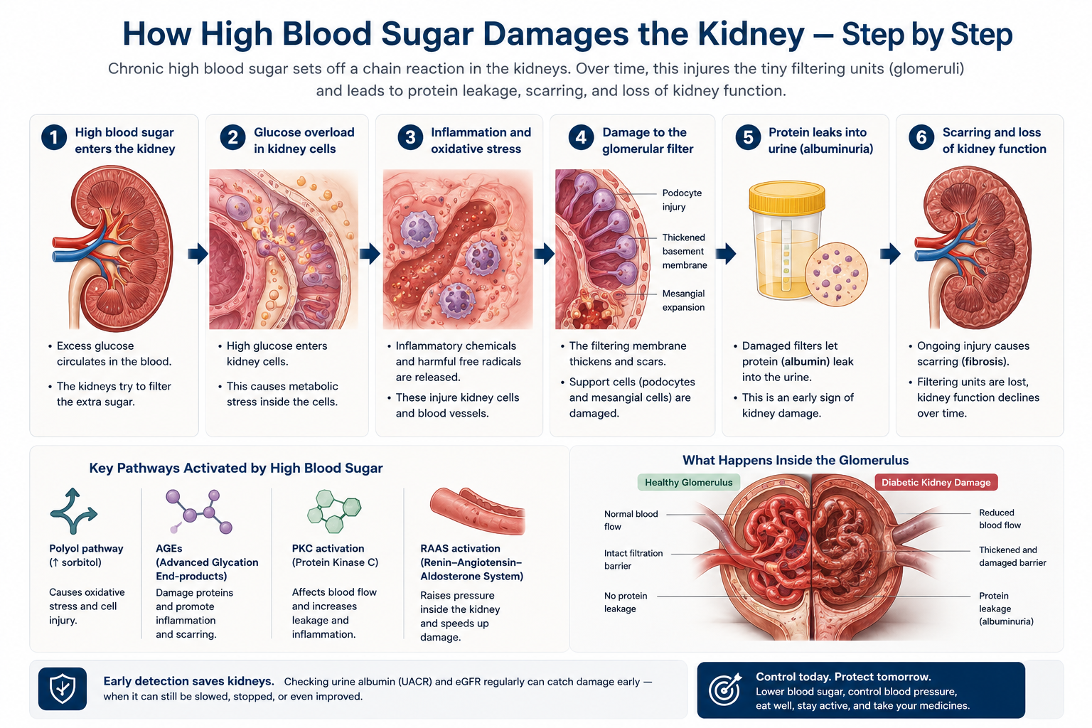 Infographic: Stages of Diabetic Kidney Disease — 5 stages from hyperfiltration phase through early, established, advanced DKD to ESKD, with eGFR ranges, UACR levels, and action recommendations