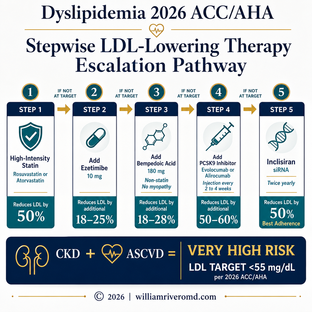 2026 ACC/AHA 5-Step LDL-Lowering Therapy Escalation Pathway — from high-intensity statin to ezetimibe, bempedoic acid, PCSK9 inhibitor, and inclisiran siRNA; CKD+ASCVD LDL target below 55 mg/dL