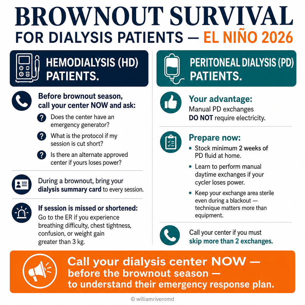 Brownout survival for dialysis patients — El Niño 2026: HD patients (call center now about emergency generator policy, alternate center, what happens if session cut short; go to ER if breathing difficulty, >3 kg weight gain, chest pain, confusion); PD patients (manual exchanges do not need electricity, stock 2-week supply of PD fluid, maintain sterile technique even in blackout, call center if skip >2 exchanges)