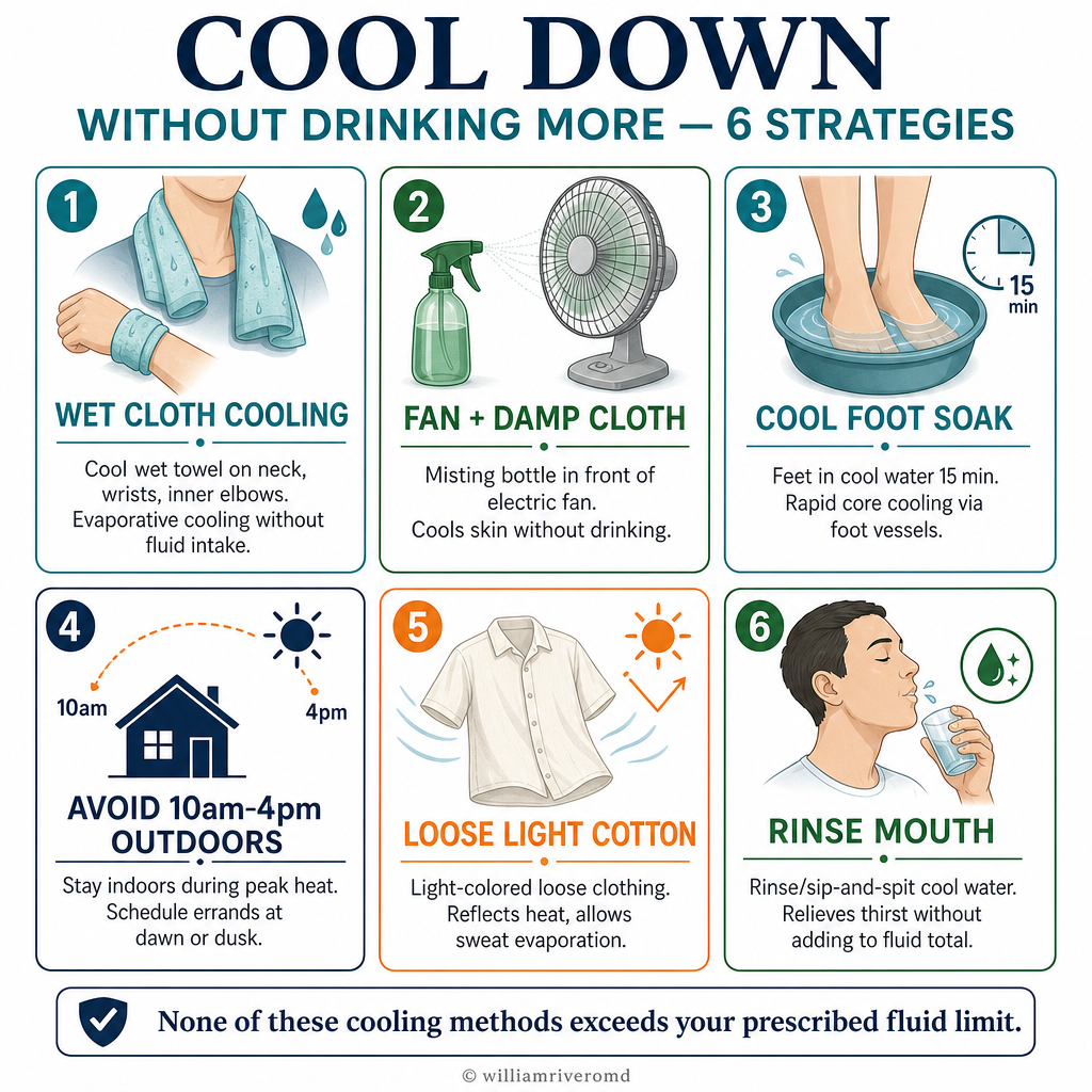 Six cooling strategies for dialysis patients without drinking more: wet cloth cooling (neck, wrists, inner elbows), electric fan with damp cloth or misting bottle, cool foot soak 15 minutes, avoid outdoors 10am–4pm, wear loose light cotton clothing, rinse mouth with cool water; none of these methods requires drinking extra fluid beyond the prescribed limit