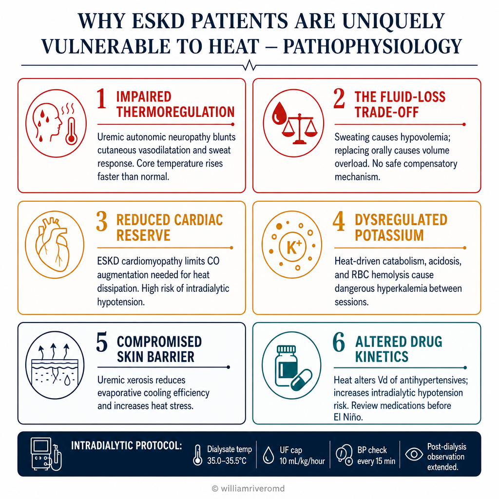 Why ESKD patients are uniquely vulnerable to heat — pathophysiology: impaired thermoregulation (uremic autonomic neuropathy blunts sweat response), fluid-loss trade-off (sweating causes hypovolemia; replacing orally causes volume overload), reduced cardiac reserve (ESKD cardiomyopathy, intradialytic hypotension risk), dysregulated potassium (heat catabolism + acidosis + RBC hemolysis → hyperkalemia), compromised skin barrier (uremic xerosis), altered drug kinetics; intradialytic protocol: dialysate 35.0–35.5°C, UF cap 10 mL/kg/hour, BP every 15 min