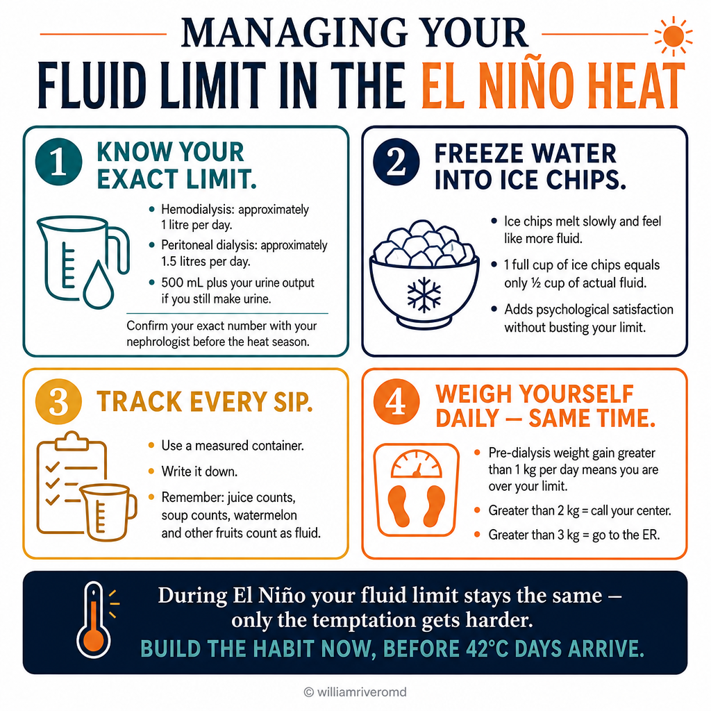 Managing fluid limits in El Niño heat: know your limit (HD ~1 L/day, PD ~1.5 L/day), freeze water into ice chips (1 cup ice chips = ½ cup fluid), track every sip with a measured cup (juice, soup, fruits count), weigh yourself daily (>1 kg/day gain = over limit, >3 kg = ER); during El Niño your fluid limit stays the same — only the temptation gets harder
