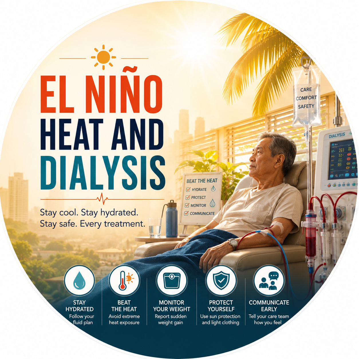 Circular vignette hero illustration for the El Niño heat and dialysis guide.