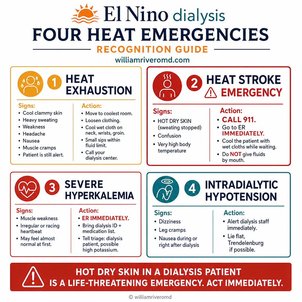 Four heat emergencies for dialysis patients: Heat Exhaustion (cool clammy skin, sweating, weakness, alert — move to cool room, cool wet cloth, call dialysis center), Heat Stroke EMERGENCY (hot DRY skin, sweating stopped, confusion — CALL ER IMMEDIATELY), Severe Hyperkalemia (muscle weakness, irregular heartbeat — ER immediately, bring dialysis ID), Intradialytic Hypotension (dizziness, cramps — alert dialysis staff). Warning: hot dry skin in a dialysis patient is a life-threatening emergency.