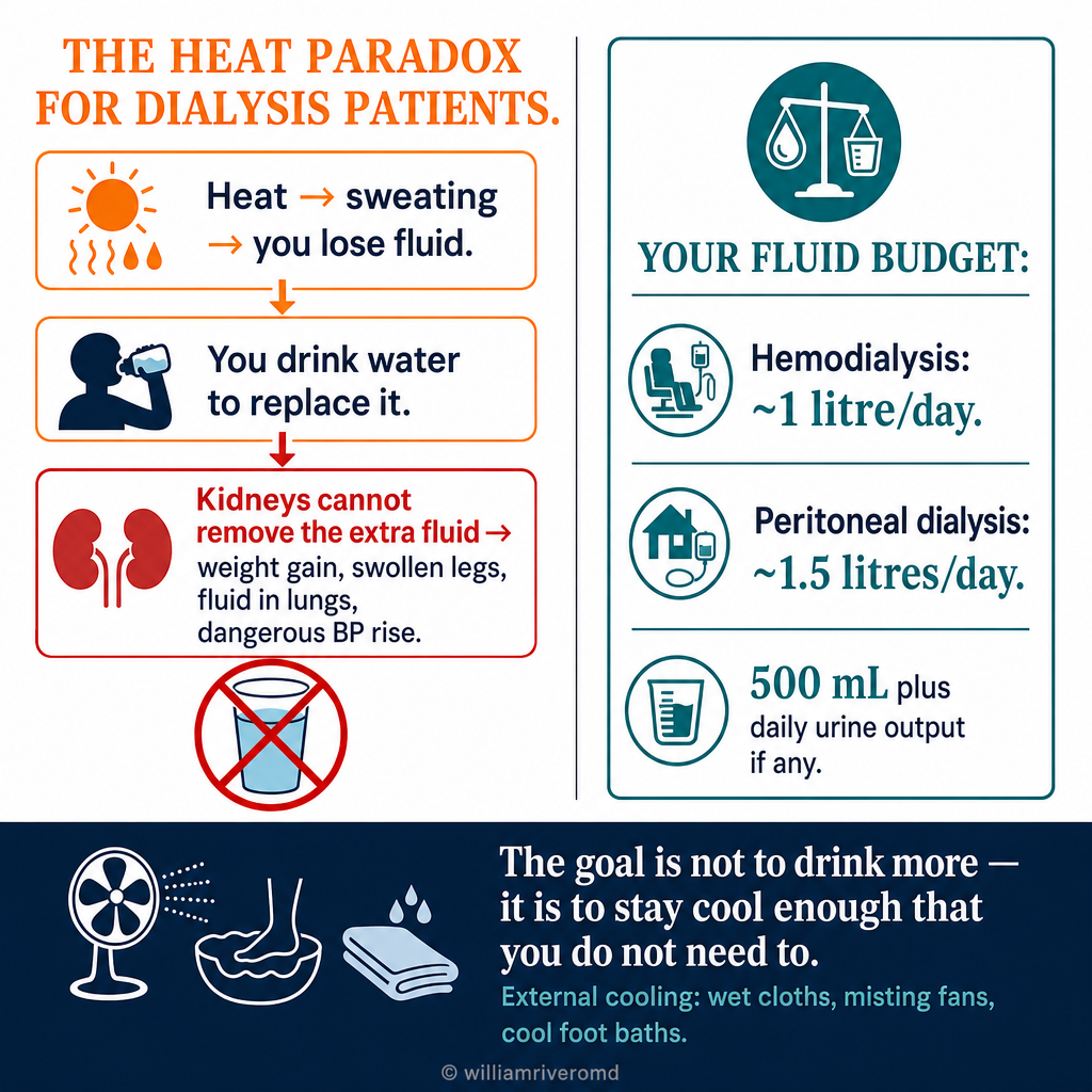 The heat paradox for dialysis patients: heat → sweating → fluid loss → drinking replaces it → but kidneys cannot remove the extra fluid → accumulates between sessions → weight gain, swollen legs, fluid in lungs, dangerous BP rise; fluid budget: HD ~1 liter/day, PD ~1.5 liters/day; goal: stay cool enough not to drink more