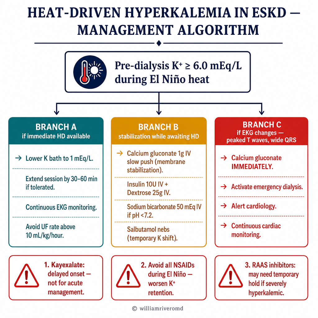 Heat-driven hyperkalemia in ESKD — management algorithm: pre-dialysis K+ ≥6.0 mEq/L; Branch A (immediate HD available): lower K bath to 1 mEq/L, extend session, continuous EKG; Branch B (stabilization while awaiting HD): calcium gluconate 1g IV, insulin 10U + D50W, sodium bicarb if pH <7.2, salbutamol nebs; Branch C (EKG changes — peaked T, wide QRS): calcium gluconate immediately, emergency dialysis; 3 traps to avoid: Kayexalate delayed onset, avoid NSAIDs, careful with RAAS inhibitors