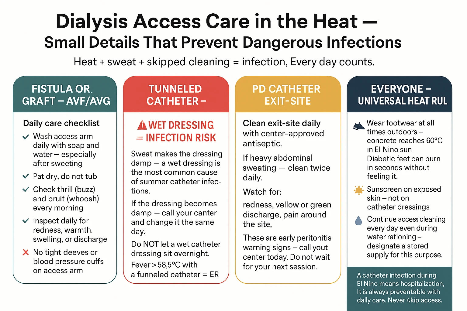 Dialysis access and skin care during El Niño heat — fistula hygiene, catheter dressing care, heat rash prevention, foot protection for diabetic patients