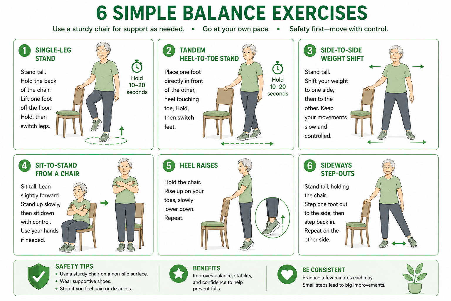 Six-panel balance exercise illustration for CKD patients near a sturdy chair: single-leg stand, tandem heel-to-toe standing, side-to-side weight shifting, sit-to-stand, heel raises, and sideways step-outs