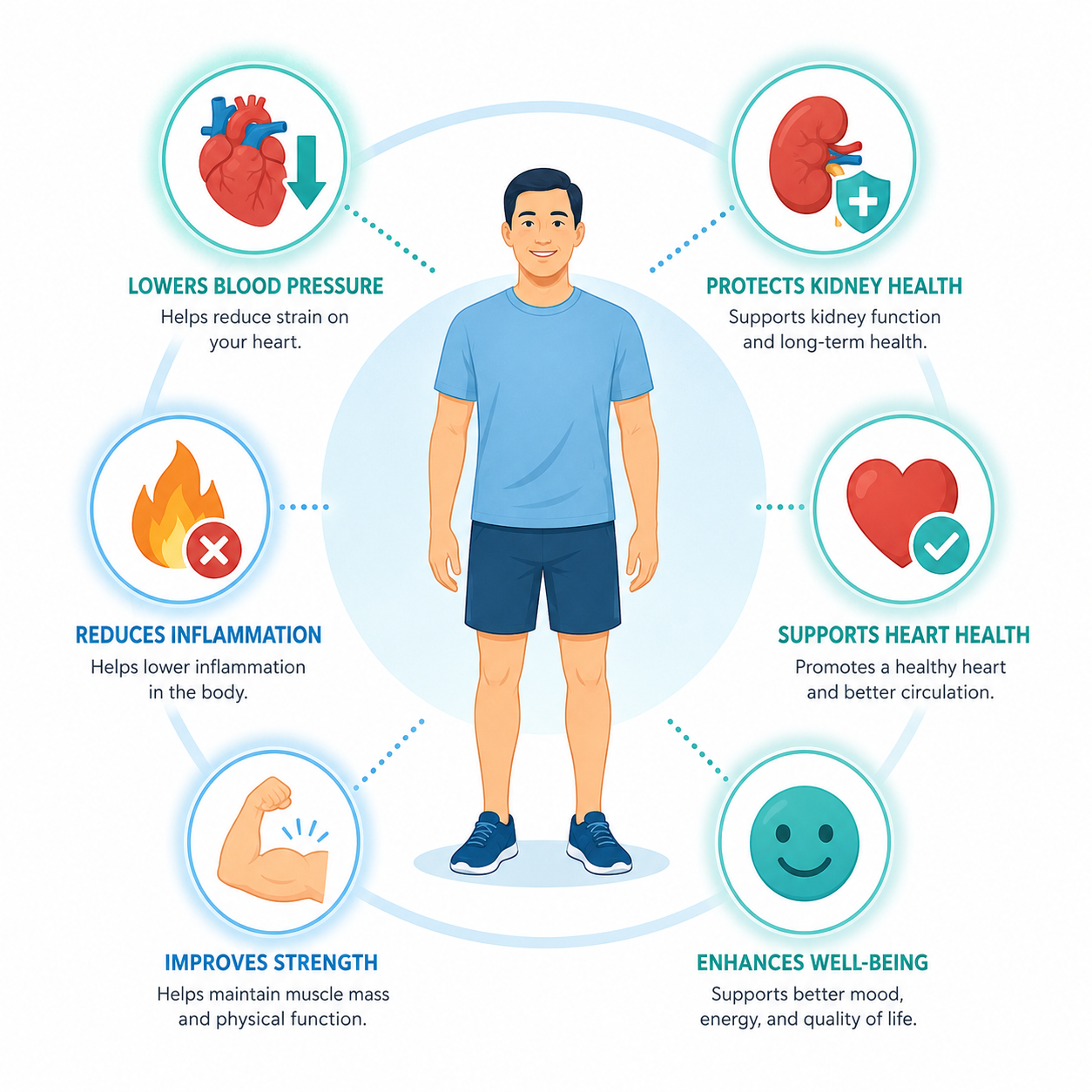 Medical infographic showing how regular exercise benefits CKD patients — lower blood pressure, reduced proteinuria, less inflammation, lower CV mortality, increased muscle mass, and improved quality of life
