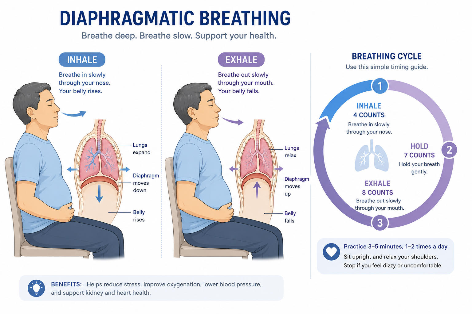 Seated figure practicing diaphragmatic breathing with cross-section showing lungs expanding and diaphragm descending on inhale. Beside it: 4-7-8 breathing timer arc diagram.