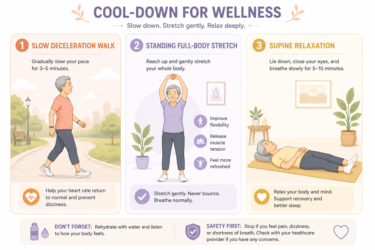 Three-panel cool-down sequence for CKD patients: slow deceleration walk, standing full-body gentle stretch with arms overhead, and supine relaxation pose on a mat with eyes closed