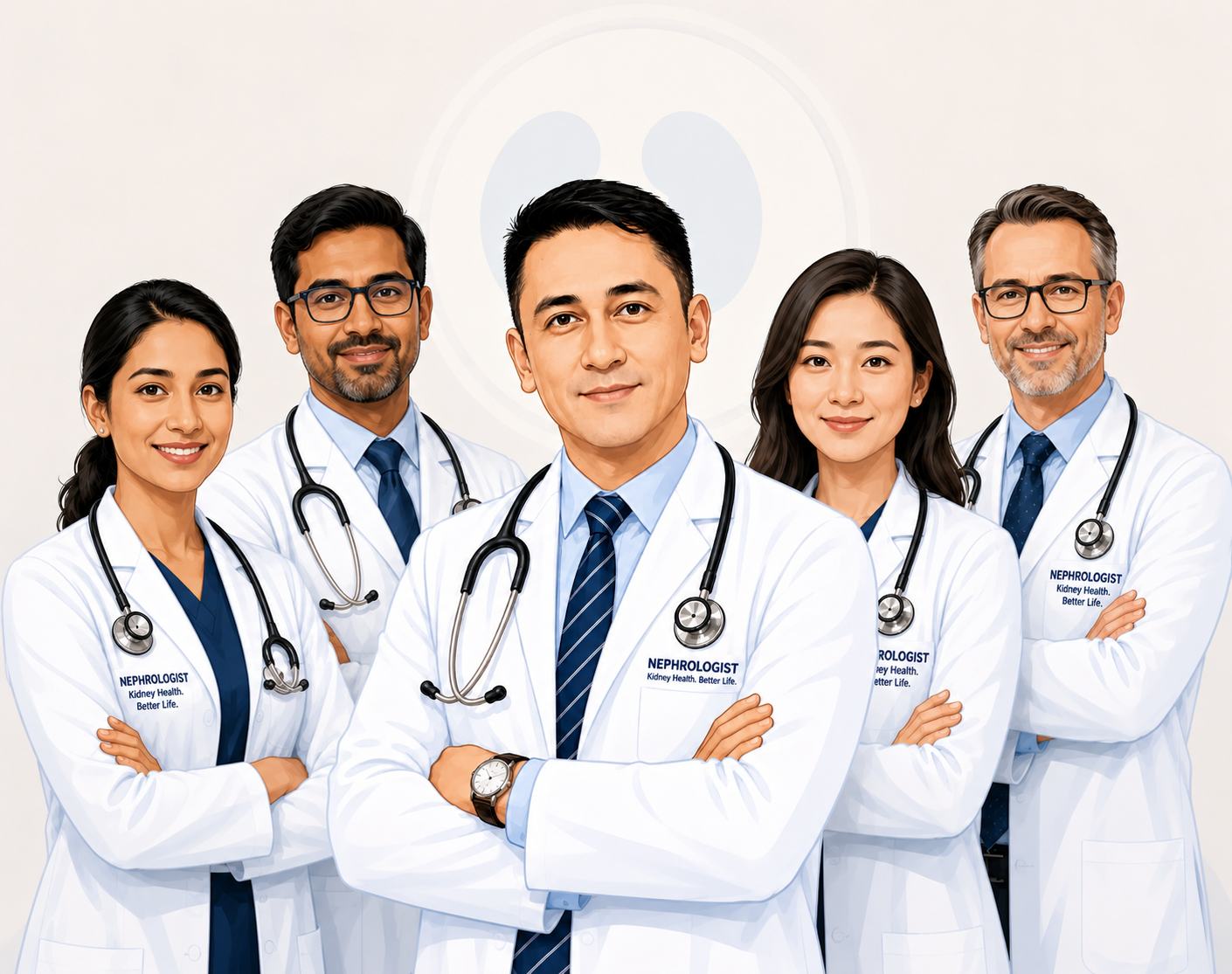 Five nephrologists in white coats with stethoscopes standing together confidently — diverse medical team with arms crossed, kidney health illustration in background, Nephrologist Kidney Health Better Life labels on coats