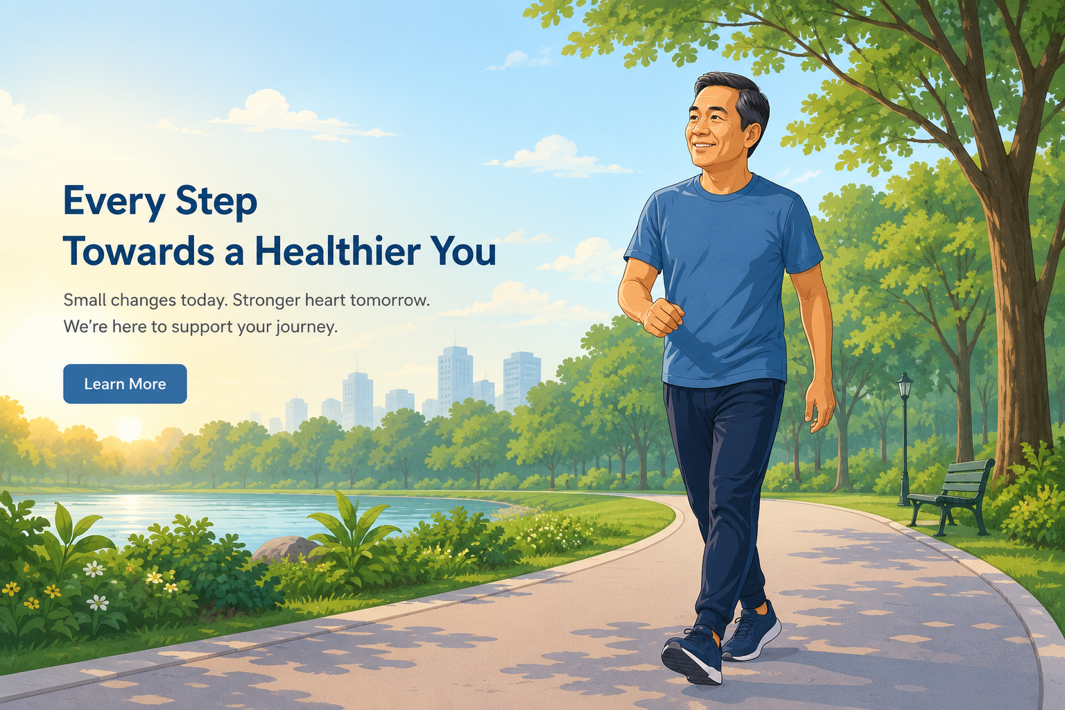 Middle-aged Filipino man in athletic clothes walking gently in a bright outdoor park — calm, healthy, and hopeful expression, warm morning light. Exercise guide hero image for CKD patients.