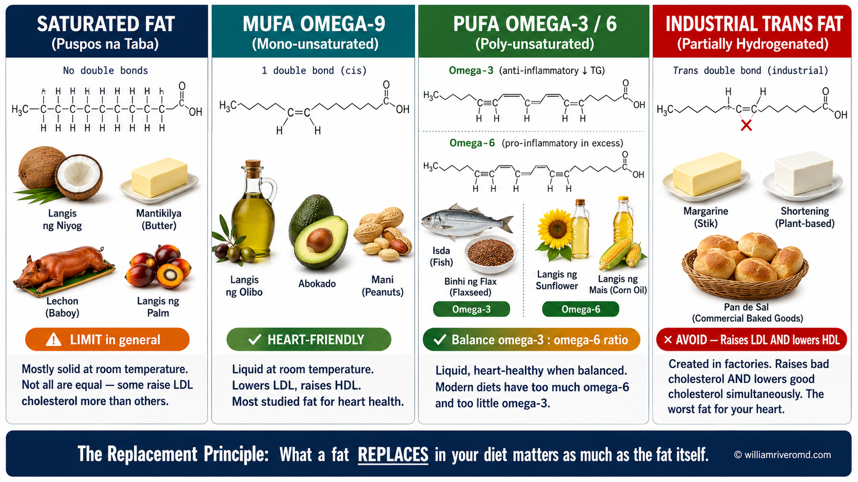 Four-panel dietary fat types infographic: saturated, MUFA omega-9, PUFA omega-3/6, and industrial trans fat — williamriveromd.com