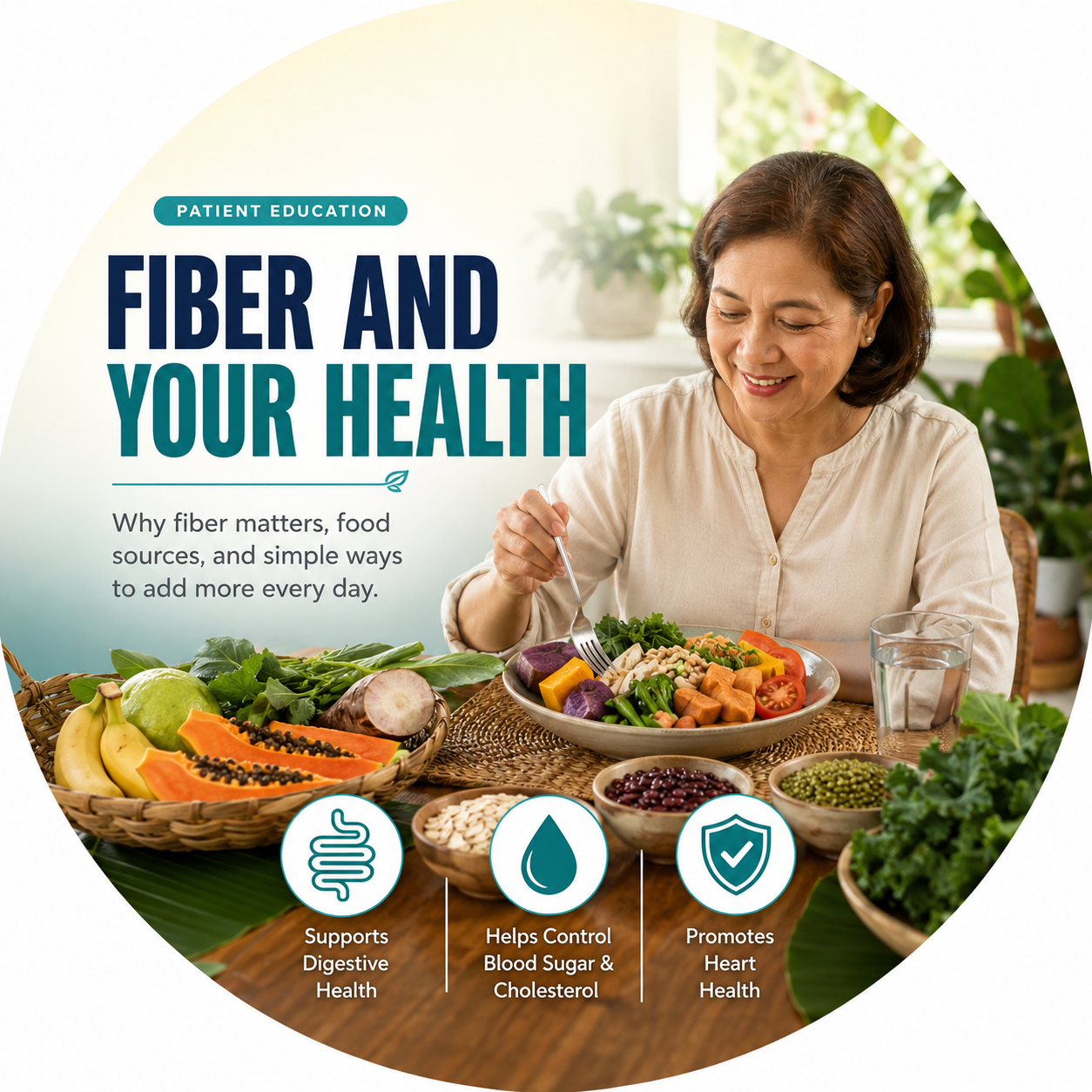 Circular vignette hero illustration for the dietary fiber patient guide.