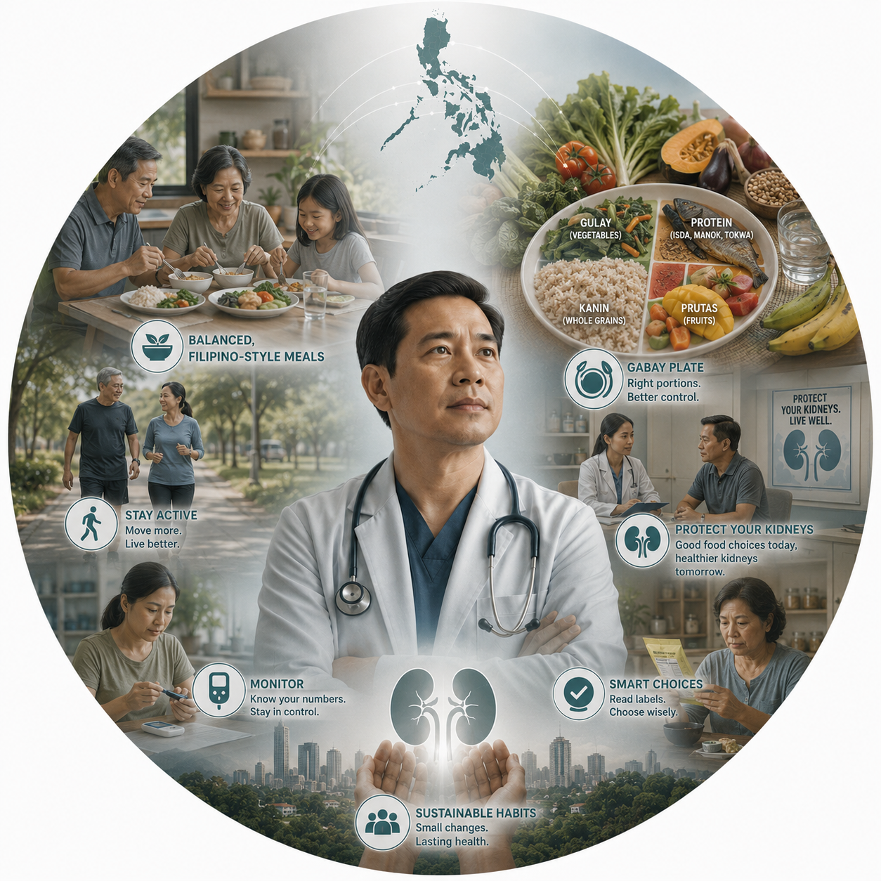Circular vignette hero illustration for the Filipino diabetic-diet and kidney-health guide.