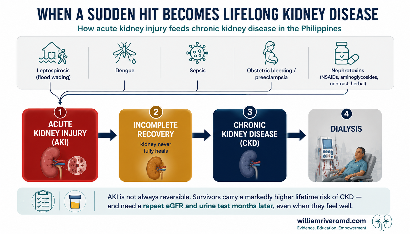Editorial flow diagram titled When a Sudden Hit Becomes Lifelong Kidney Disease. Five Philippine triggers — leptospirosis from flood wading, dengue, sepsis, obstetric bleeding, and nephrotoxins — feed into a left-to-right chain: acute kidney injury, then incomplete recovery, then chronic kidney disease, then dialysis.
