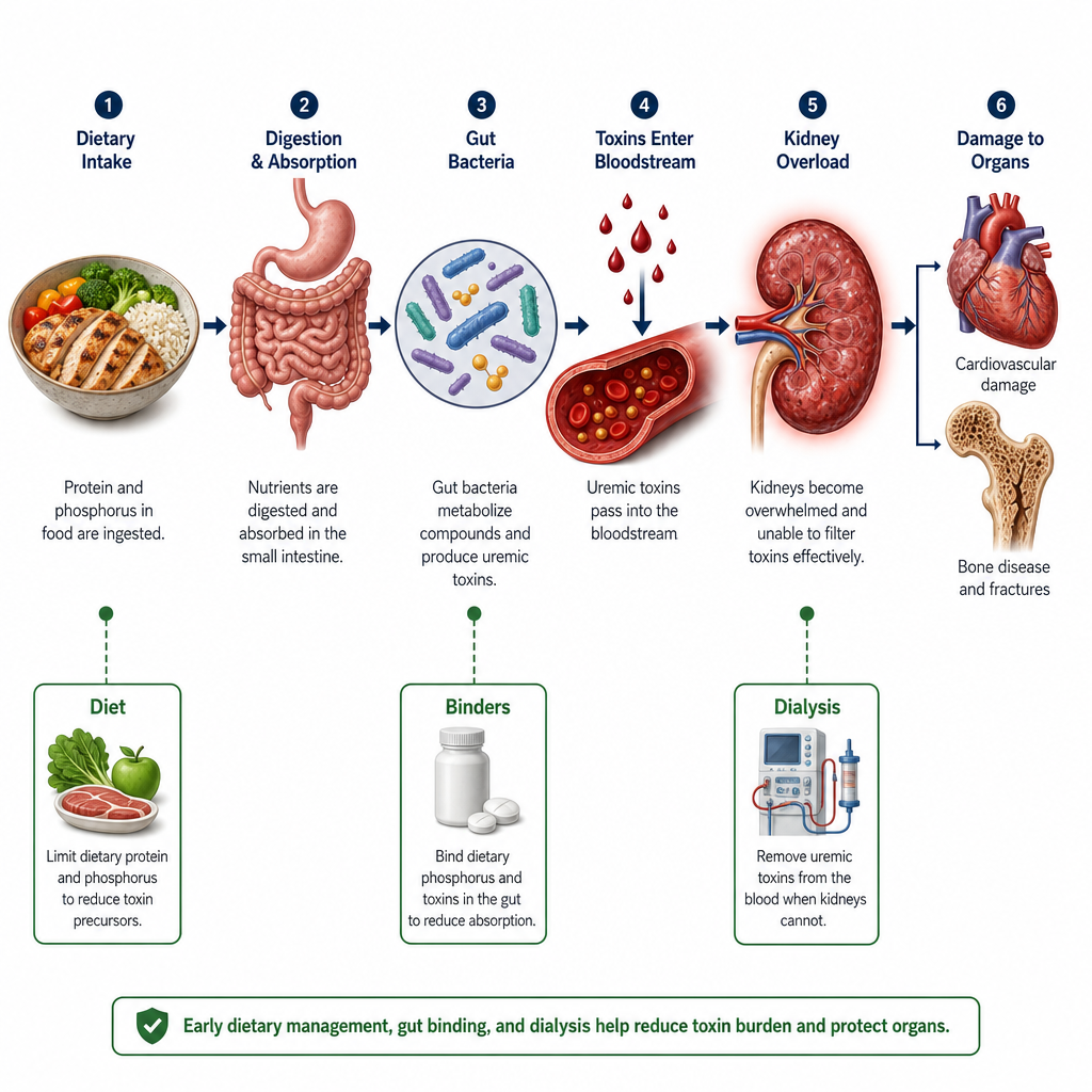 Food to toxin to kidney damage pathway diagram showing dietary intervention points